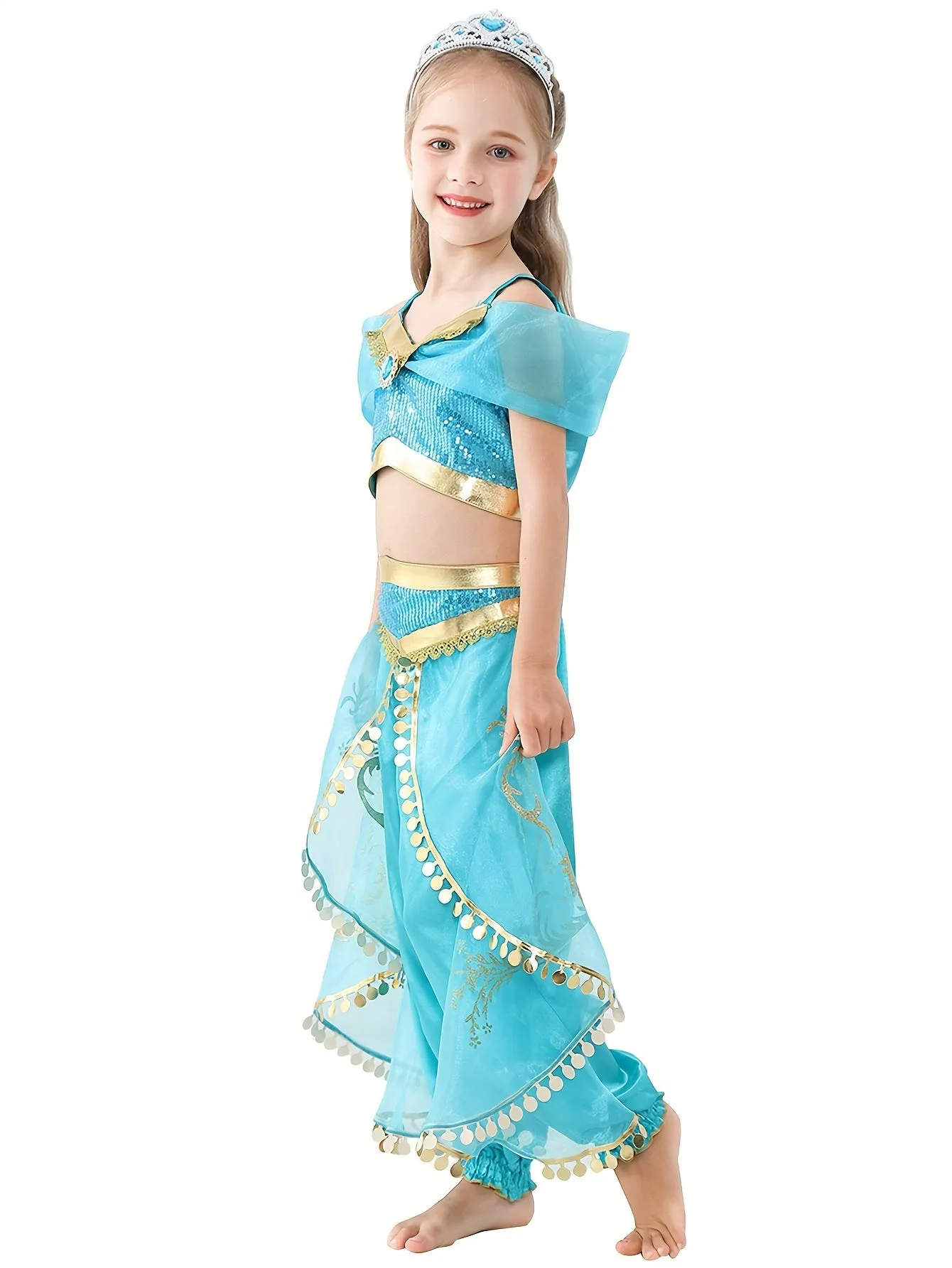 7PCS Girls Stunning & Cute Flower Princess Dress Up Outfit, Off Shoulder Cropped Top   Pants   Accessories For Christmas Halloween Ball Party