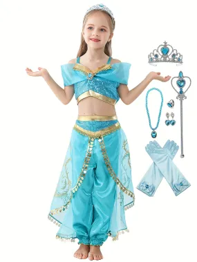 7PCS Girls Stunning & Cute Flower Princess Dress Up Outfit, Off Shoulder Cropped Top   Pants   Accessories For Christmas Halloween Ball Party