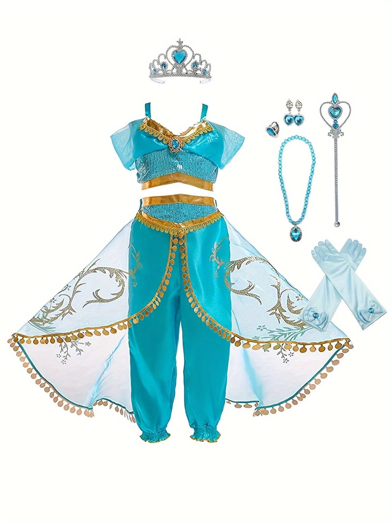 7PCS Girls Stunning & Cute Flower Princess Dress Up Outfit, Off Shoulder Cropped Top   Pants   Accessories For Christmas Halloween Ball Party