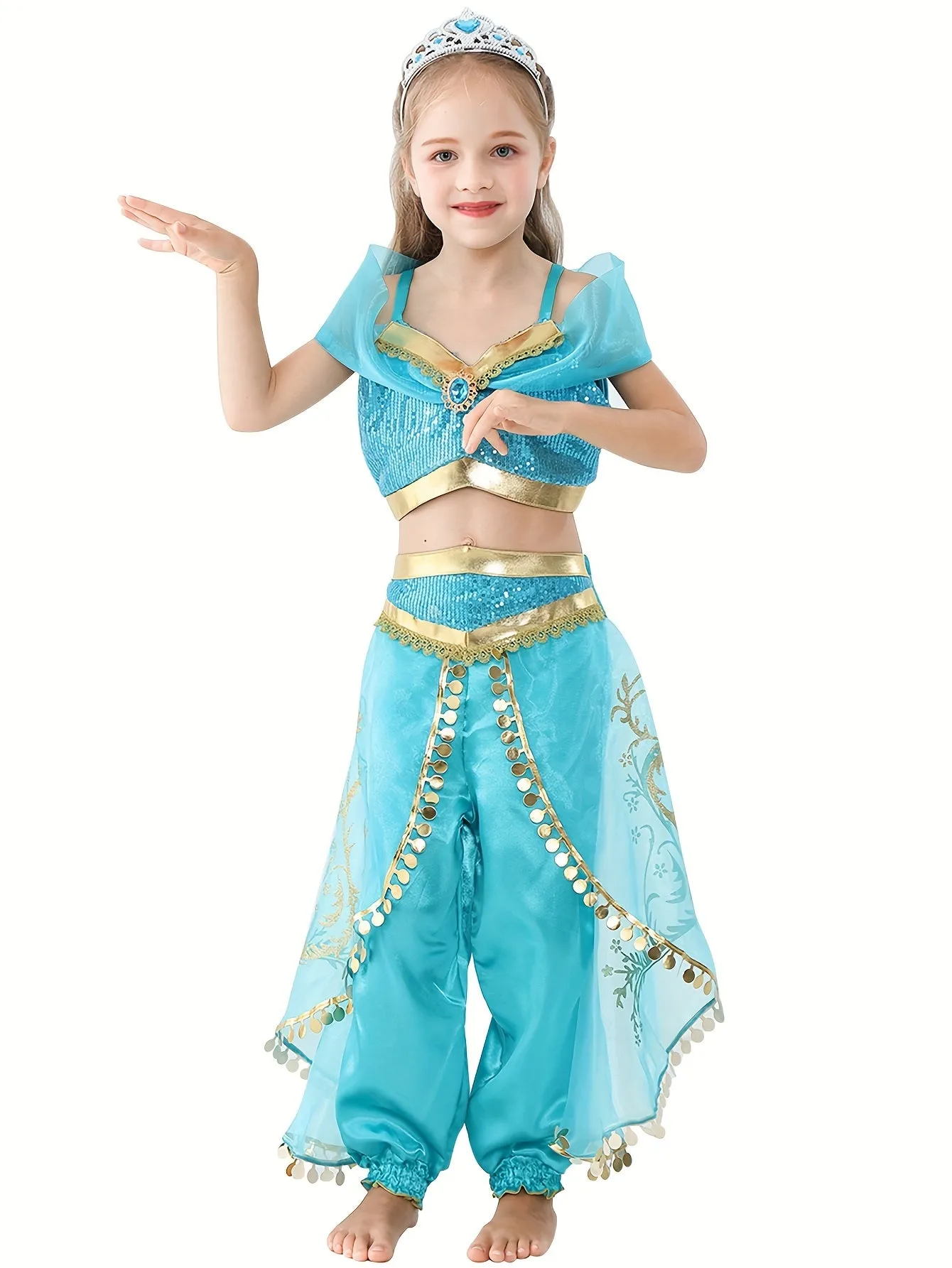 7PCS Girls Stunning & Cute Flower Princess Dress Up Outfit, Off Shoulder Cropped Top   Pants   Accessories For Christmas Halloween Ball Party