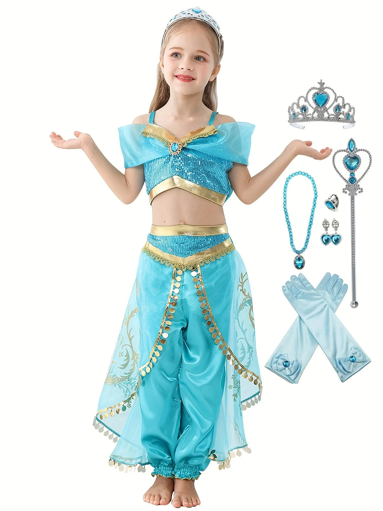 7PCS Girls Stunning & Cute Flower Princess Dress Up Outfit, Off Shoulder Cropped Top   Pants   Accessories For Christmas Halloween Ball Party