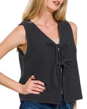Black Tie Front Sleeveless Sweater Vest