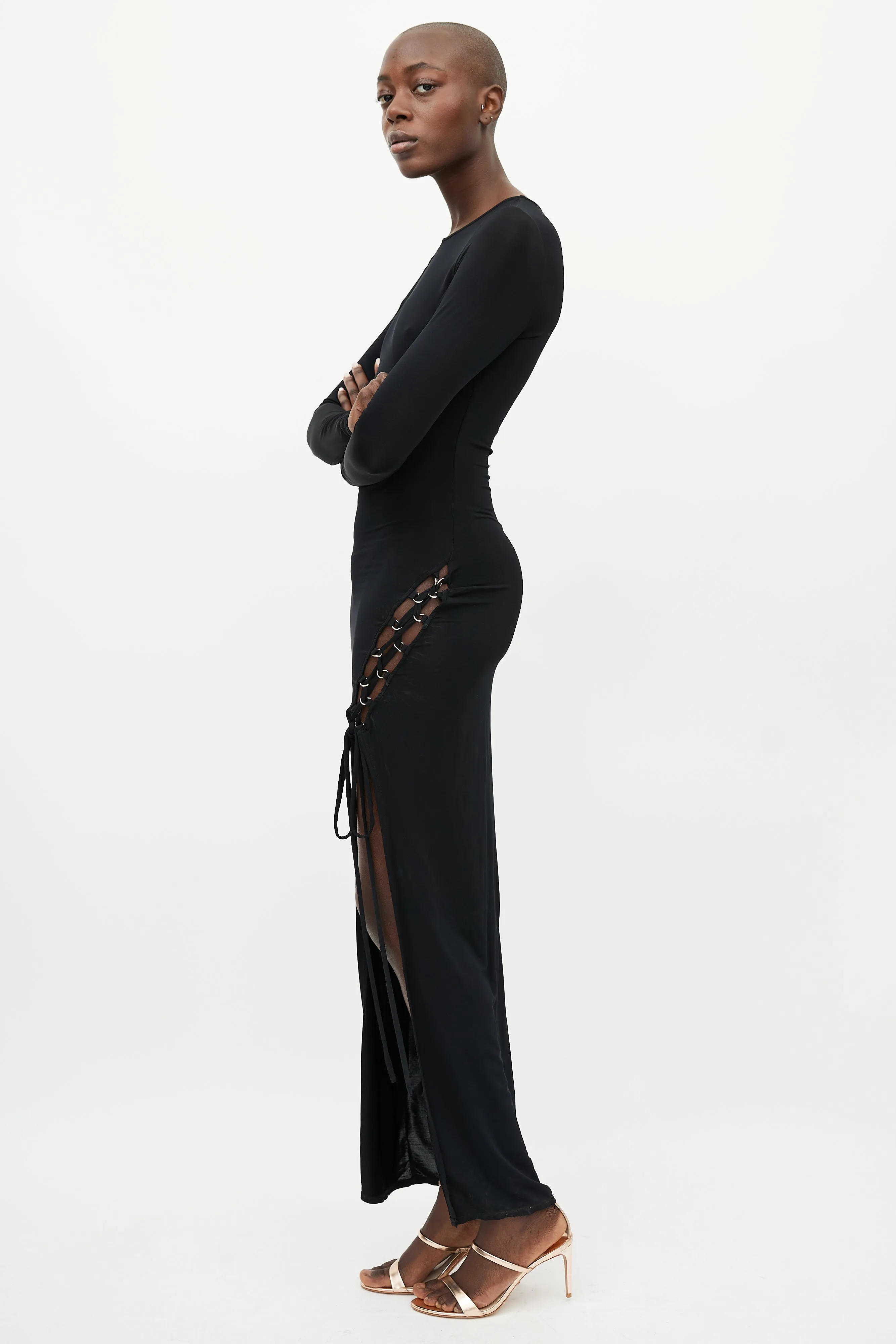 Black Tie Front Slit Dress
