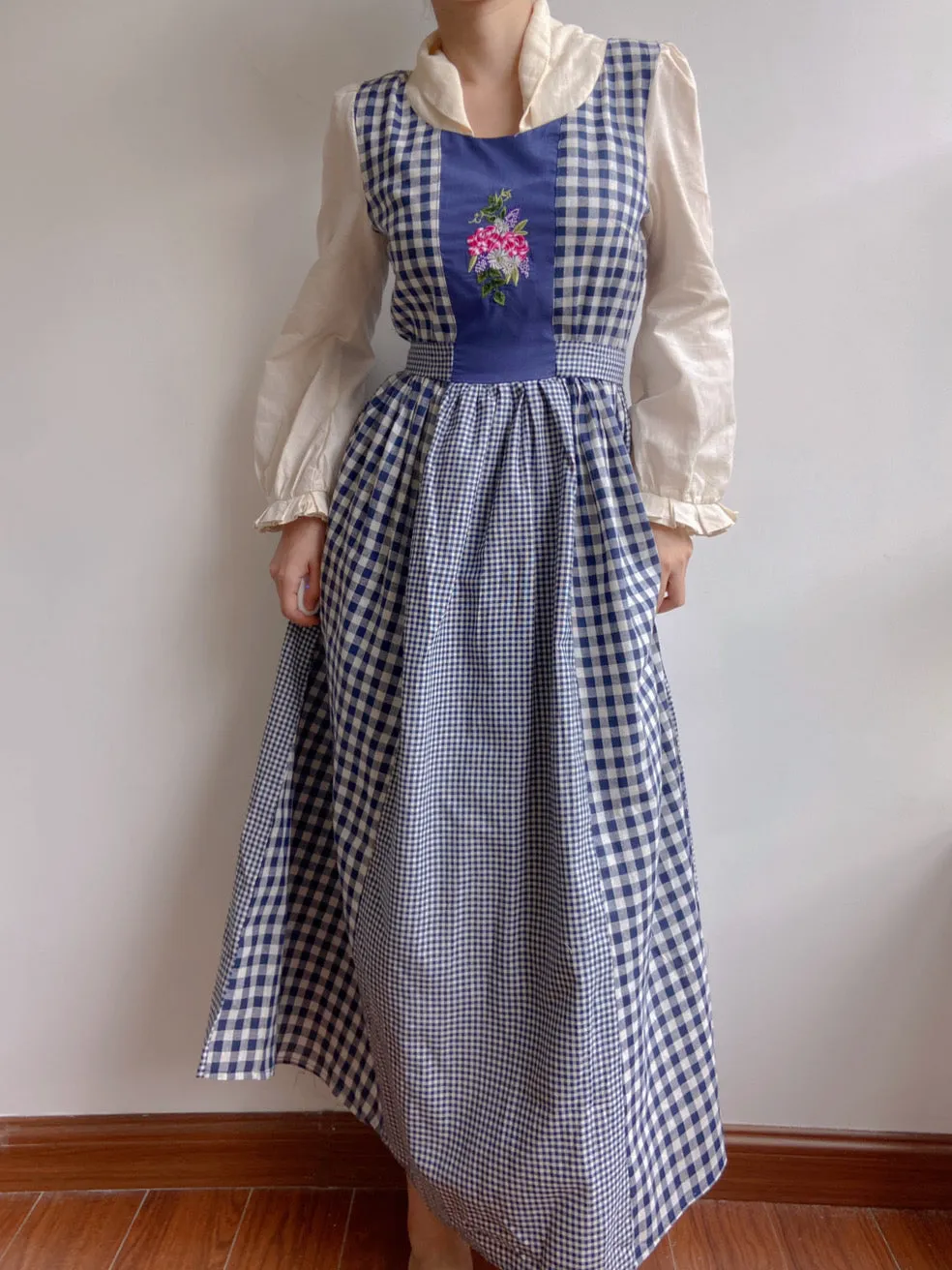Check Patchwork Floral Embroidery Midi Dress