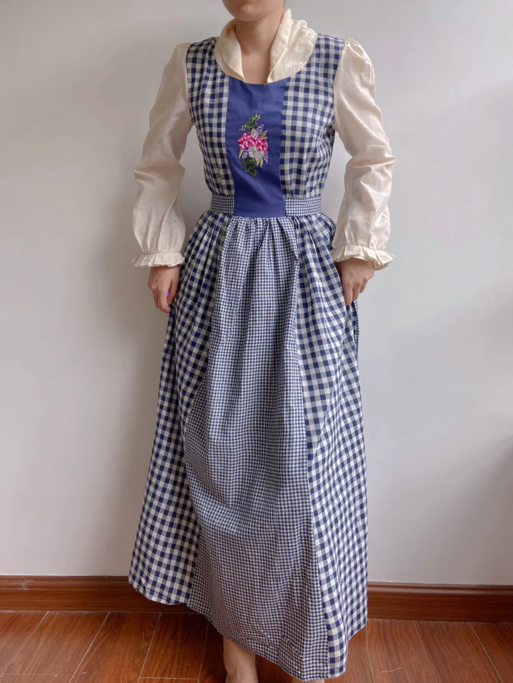 Check Patchwork Floral Embroidery Midi Dress