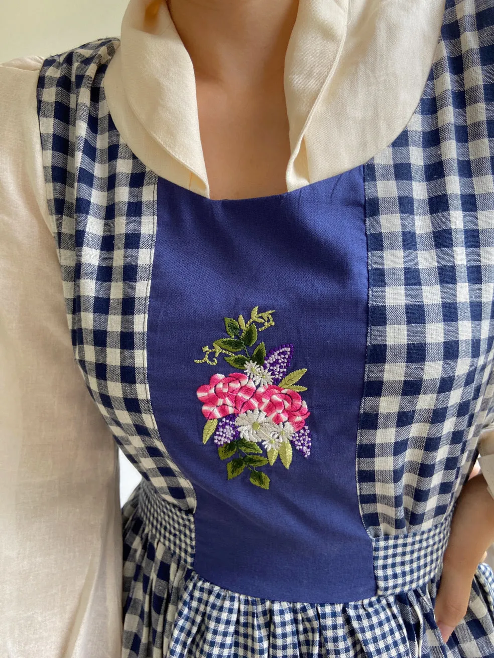 Check Patchwork Floral Embroidery Midi Dress