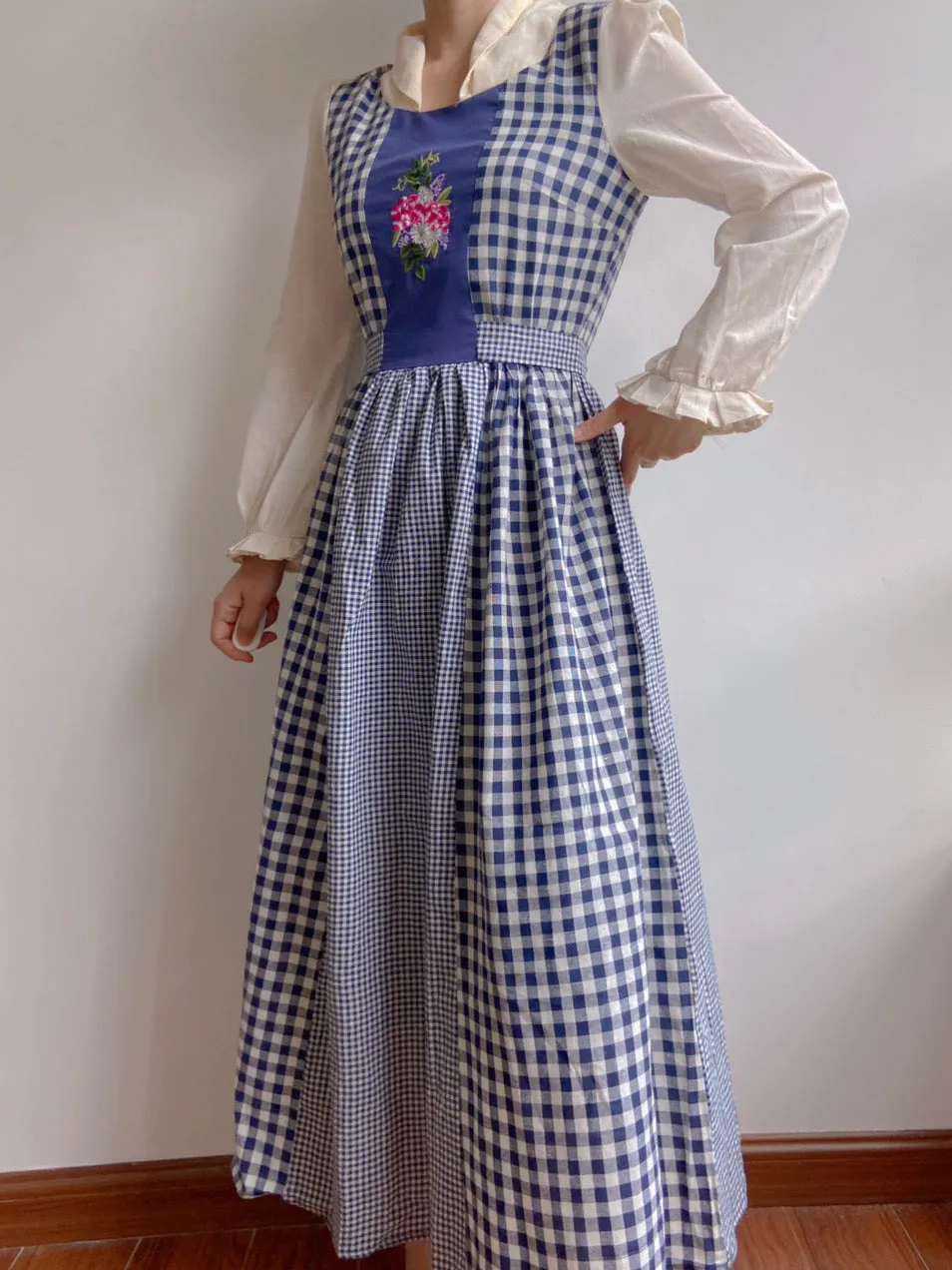 Check Patchwork Floral Embroidery Midi Dress