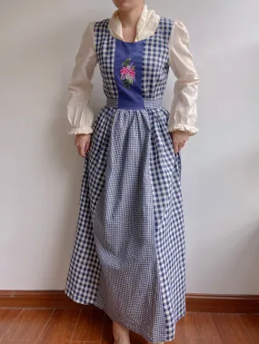 Check Patchwork Floral Embroidery Midi Dress