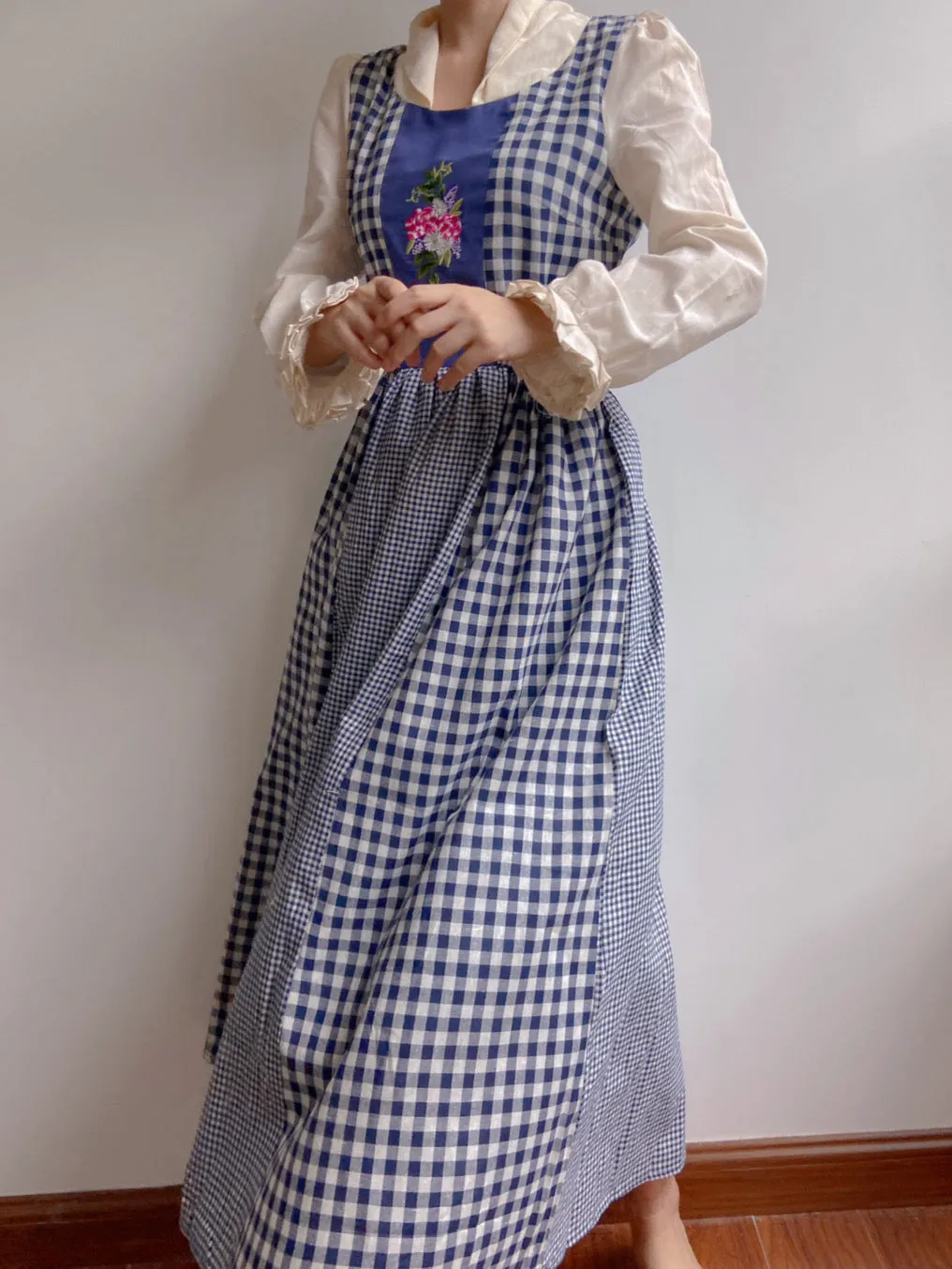 Check Patchwork Floral Embroidery Midi Dress