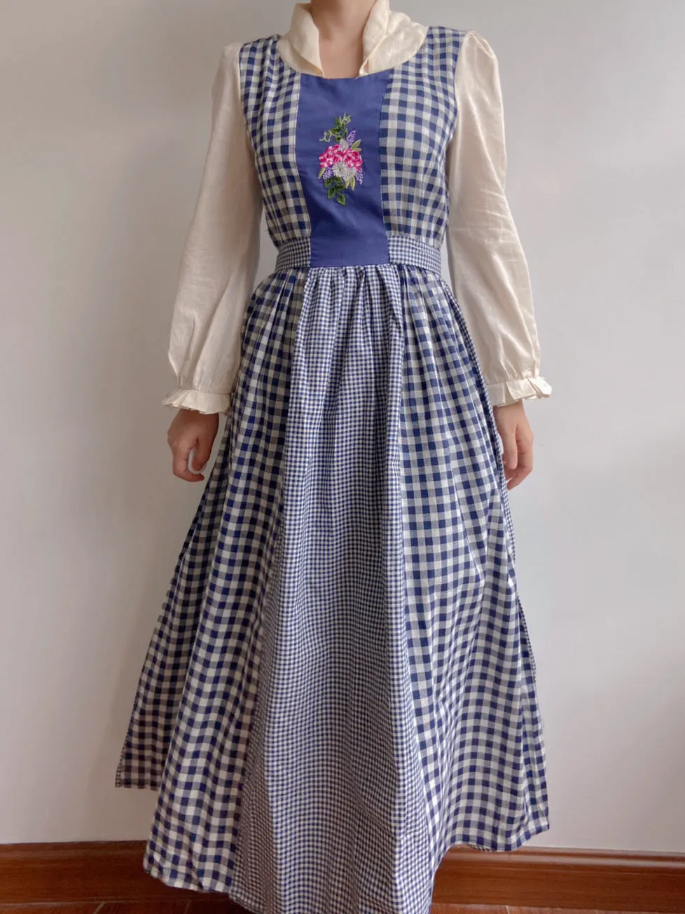 Check Patchwork Floral Embroidery Midi Dress