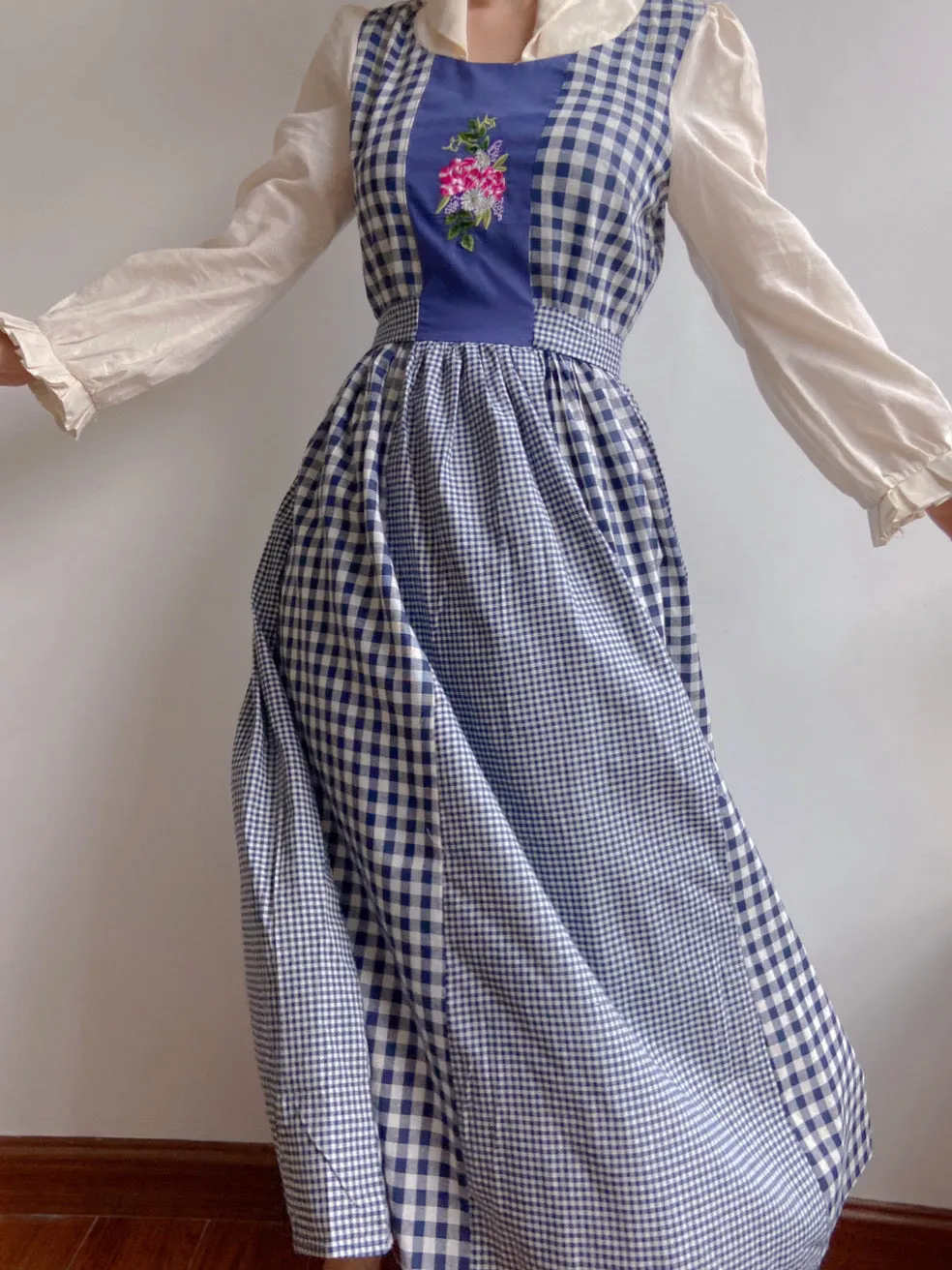 Check Patchwork Floral Embroidery Midi Dress