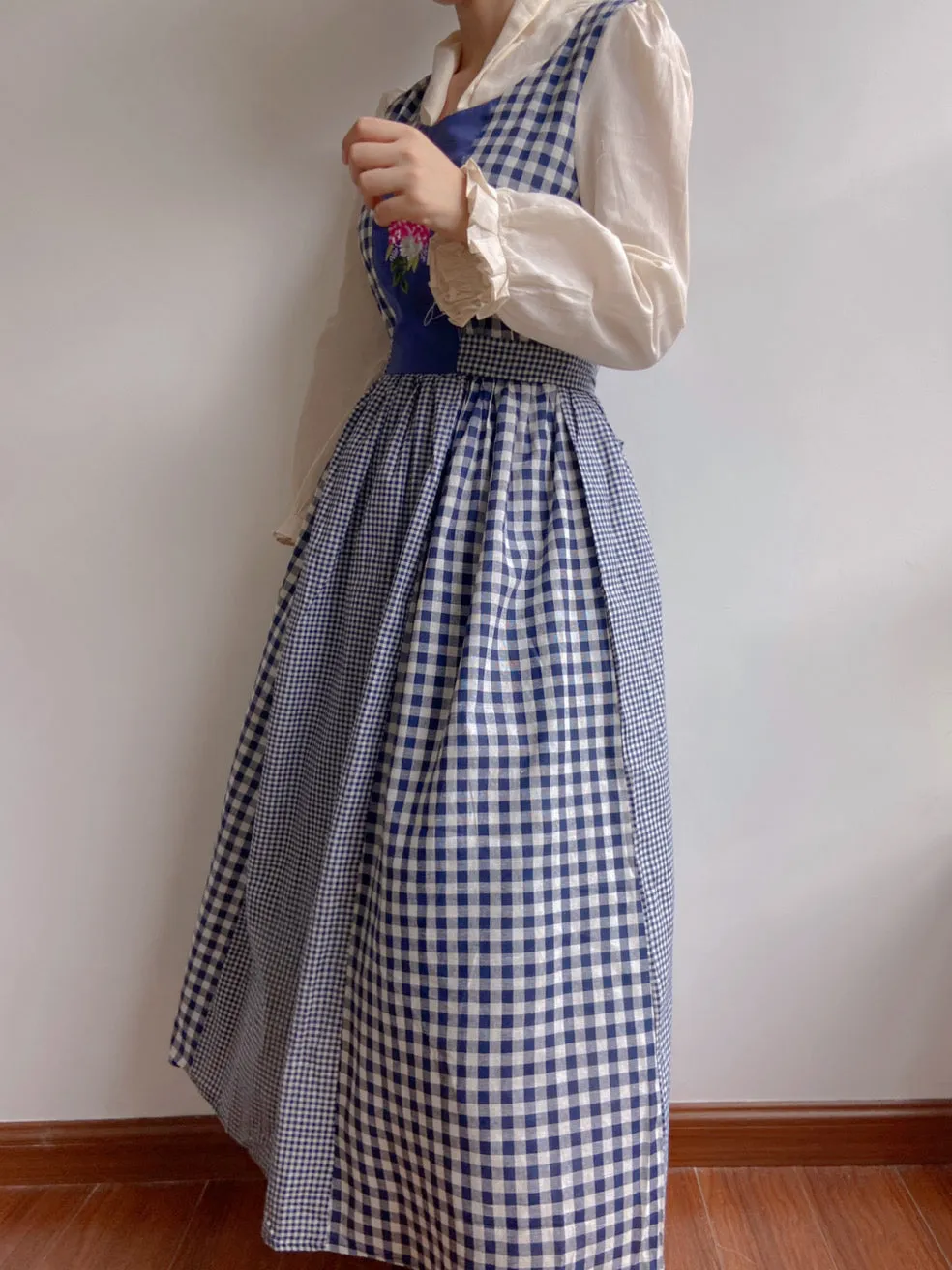 Check Patchwork Floral Embroidery Midi Dress