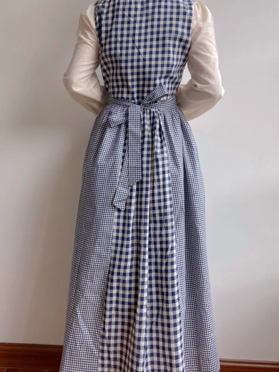 Check Patchwork Floral Embroidery Midi Dress