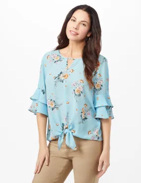 Cold Shoulder Floral Tie Front Blouse