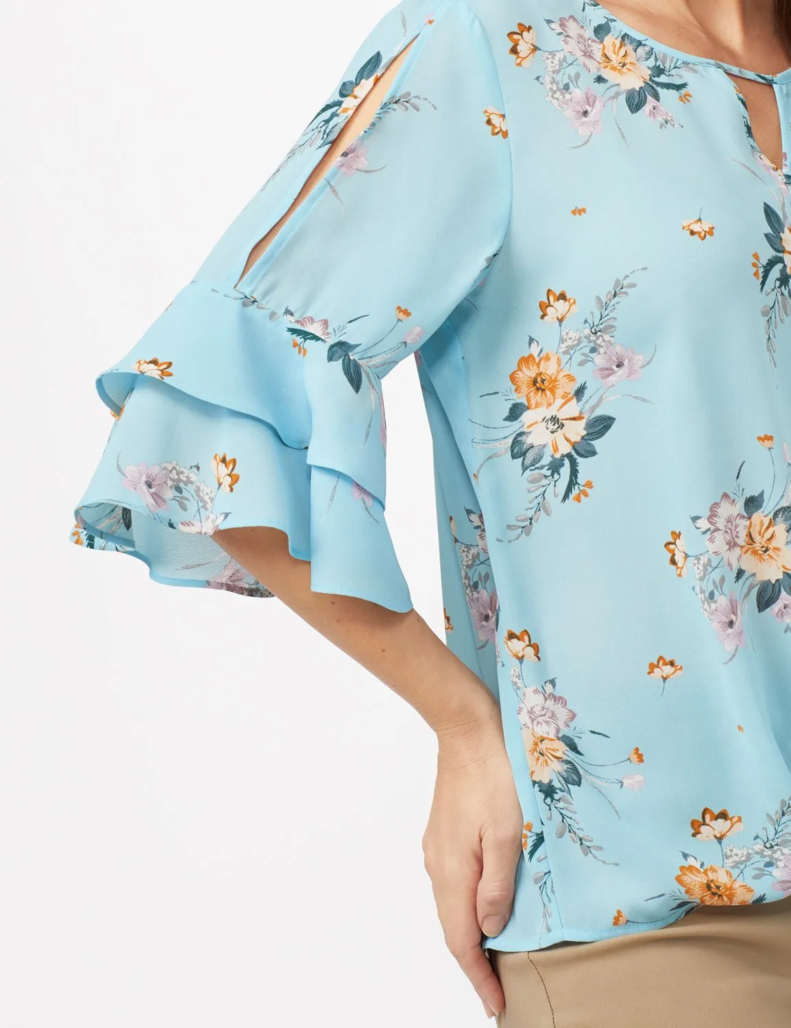 Cold Shoulder Floral Tie Front Blouse