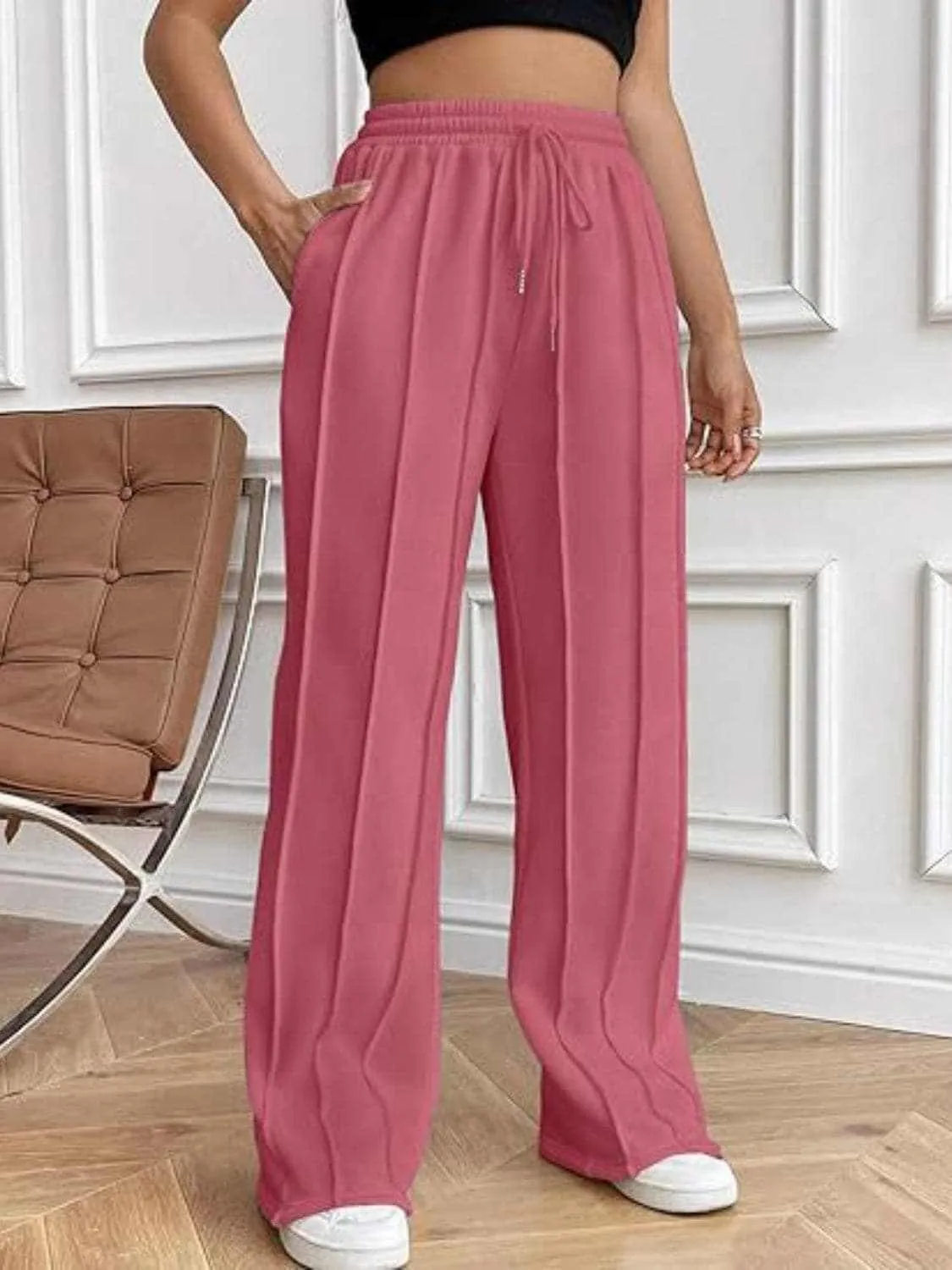 Drawstring wide-leg trousers with pockets