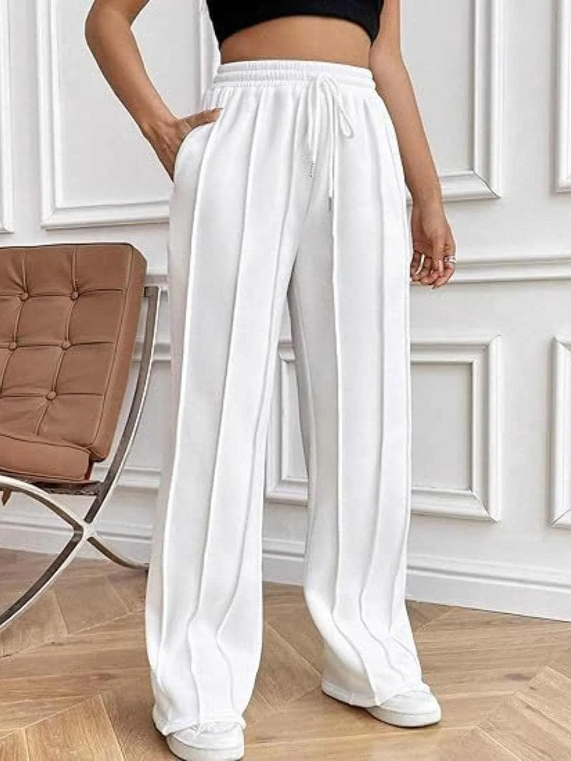 Drawstring wide-leg trousers with pockets