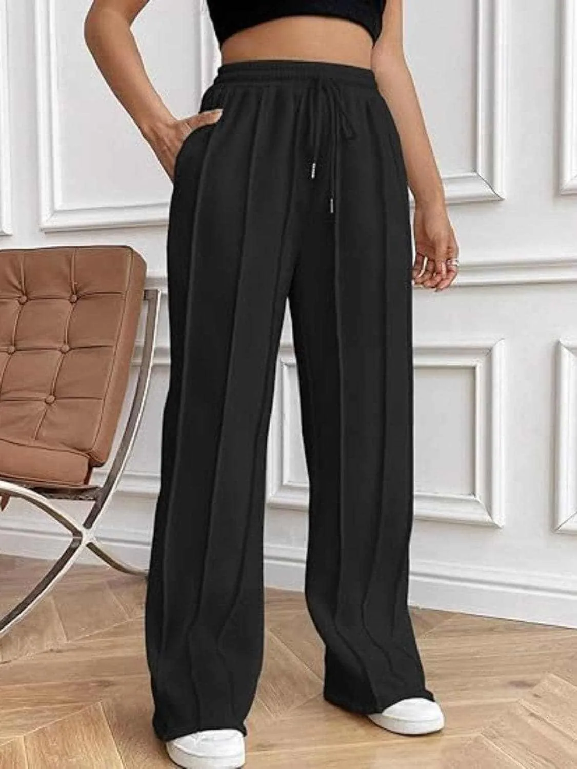 Drawstring wide-leg trousers with pockets
