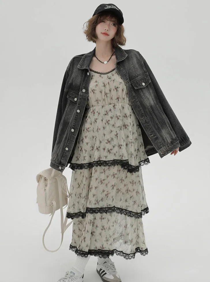 Dress Print Suspender Tiered Floral Lace