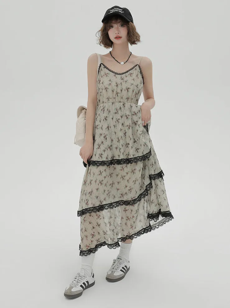 Dress Print Suspender Tiered Floral Lace