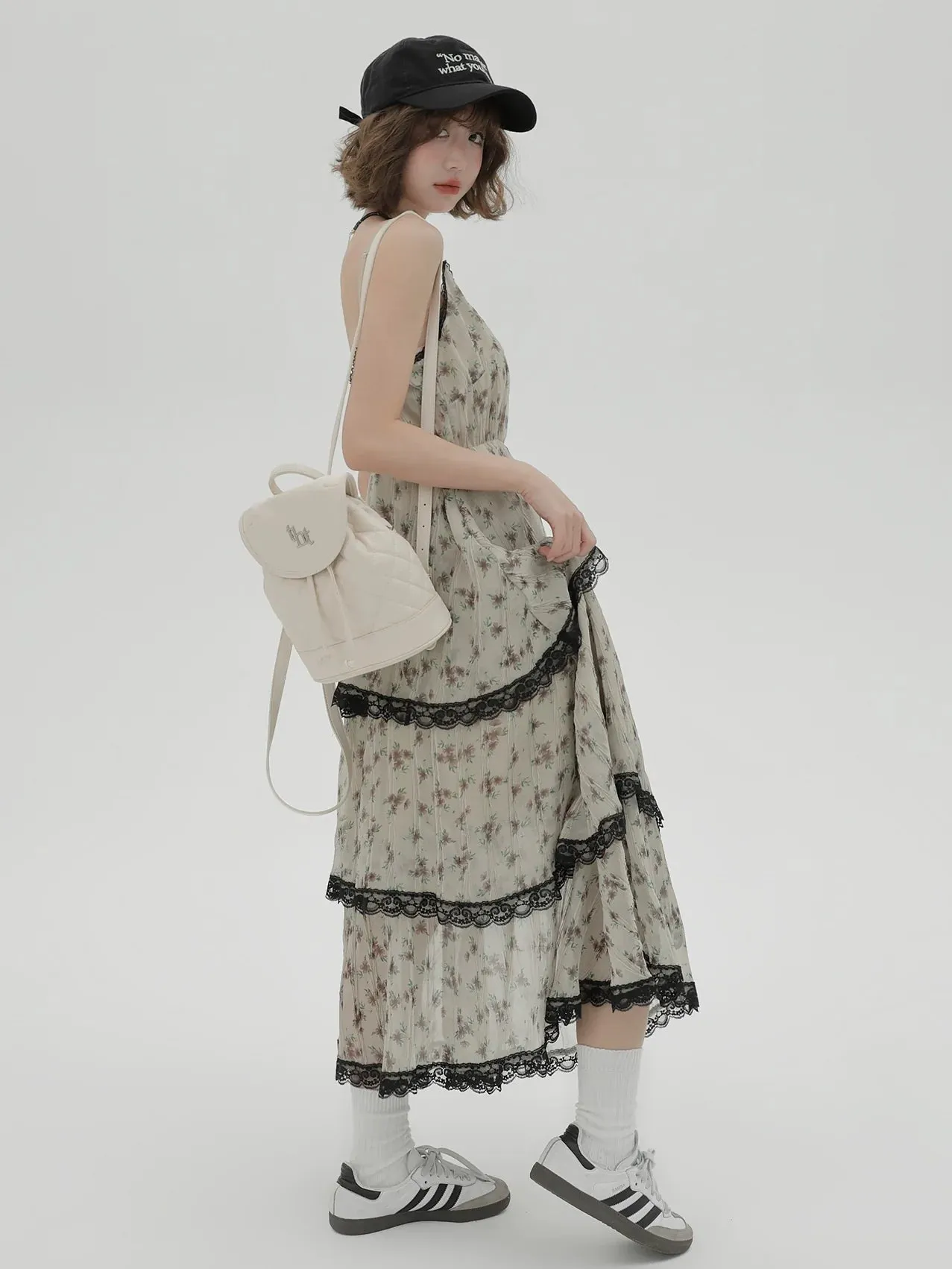 Dress Print Suspender Tiered Floral Lace