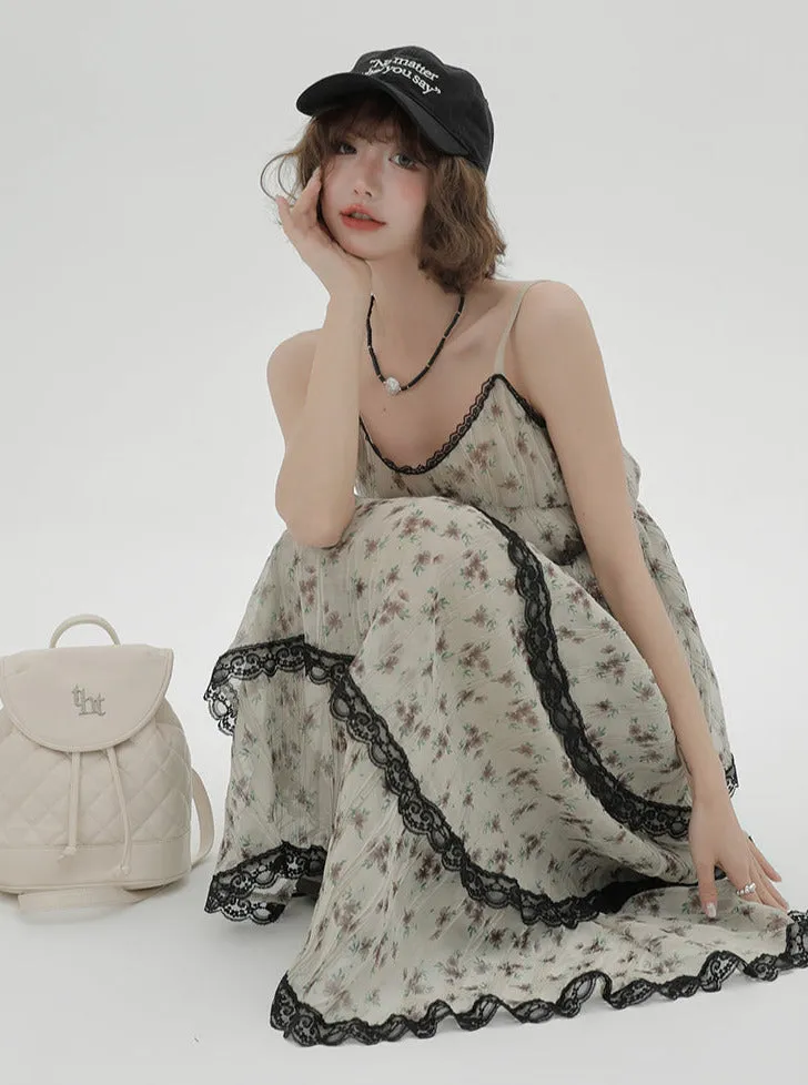 Dress Print Suspender Tiered Floral Lace