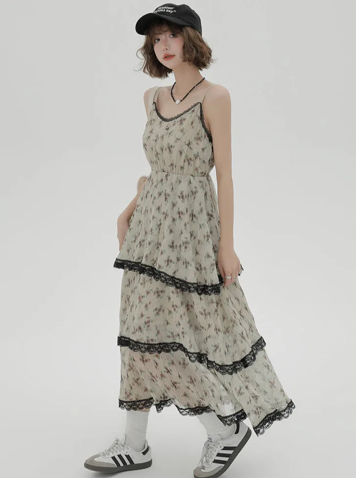 Dress Print Suspender Tiered Floral Lace