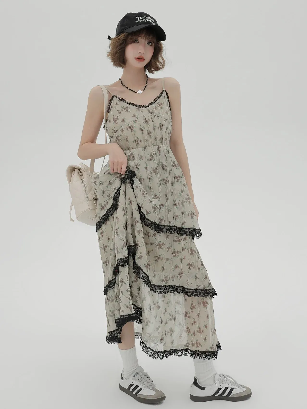 Dress Print Suspender Tiered Floral Lace
