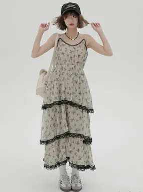 Dress Print Suspender Tiered Floral Lace