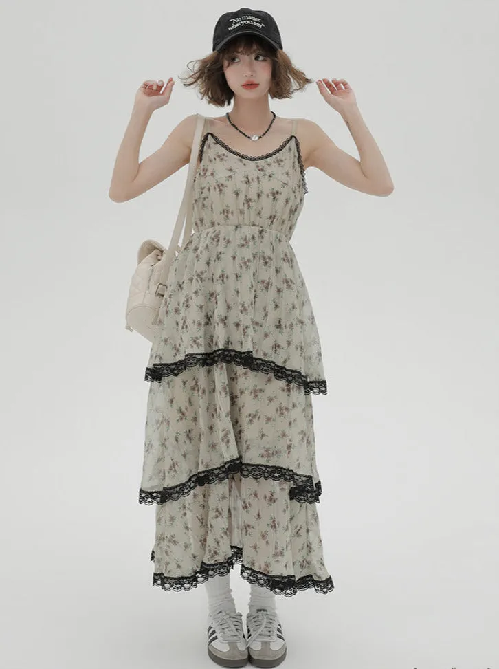 Dress Print Suspender Tiered Floral Lace