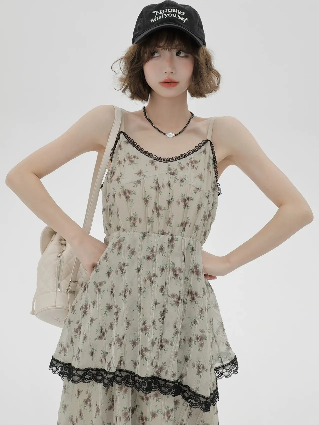 Dress Print Suspender Tiered Floral Lace