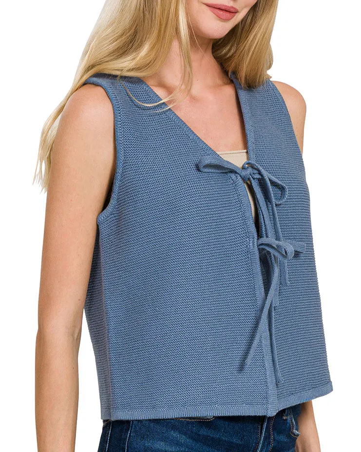 Dusty Blue Tie Front Sleeveless Sweater Vest