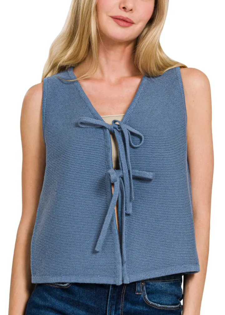 Dusty Blue Tie Front Sleeveless Sweater Vest