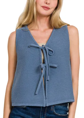 Dusty Blue Tie Front Sleeveless Sweater Vest
