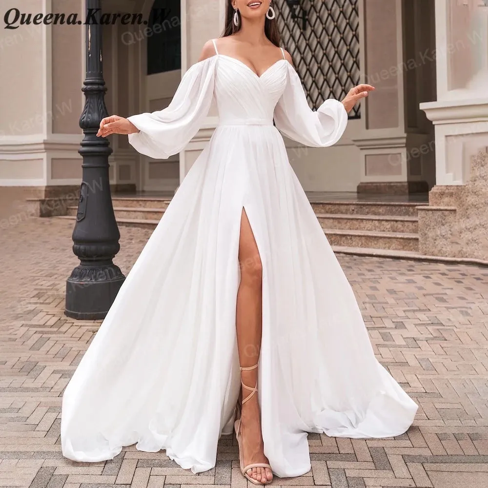 Elegant Boho A line Wedding Dress long sleeve chiffon bride dress robe de mariee A line Wedding Bridal Gown