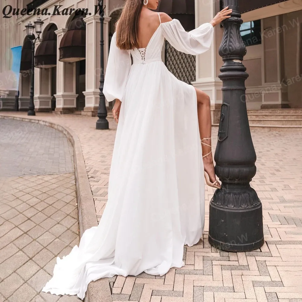 Elegant Boho A line Wedding Dress long sleeve chiffon bride dress robe de mariee A line Wedding Bridal Gown