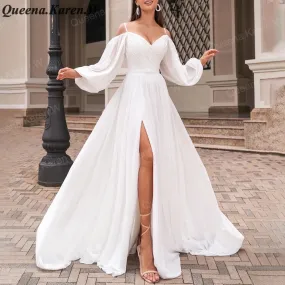 Elegant Boho A line Wedding Dress long sleeve chiffon bride dress robe de mariee A line Wedding Bridal Gown
