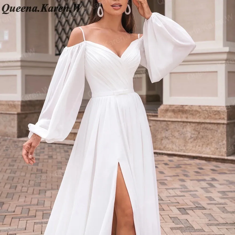 Elegant Boho A line Wedding Dress long sleeve chiffon bride dress robe de mariee A line Wedding Bridal Gown