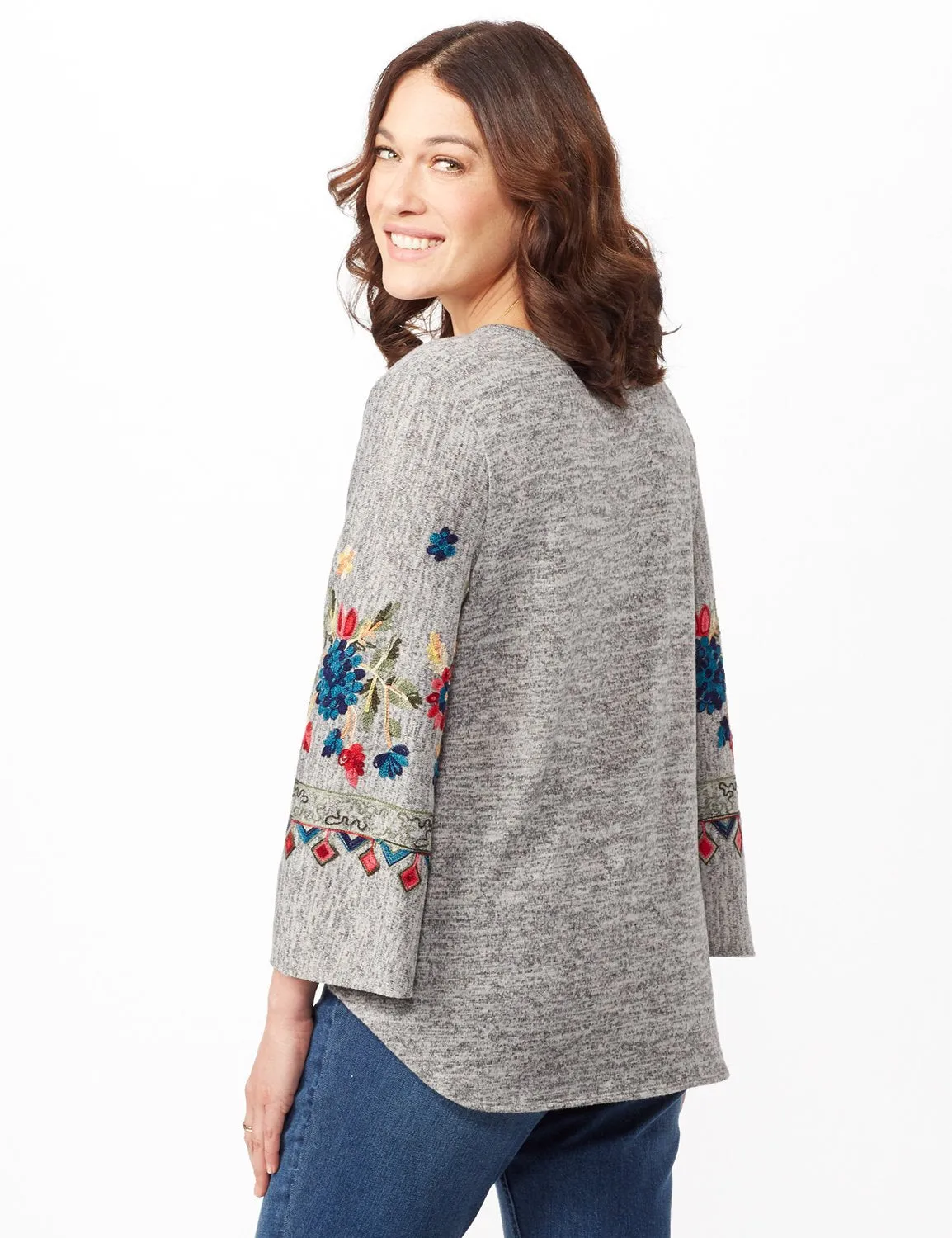 Embroidered Sleeve Hacci Top with Tie Front