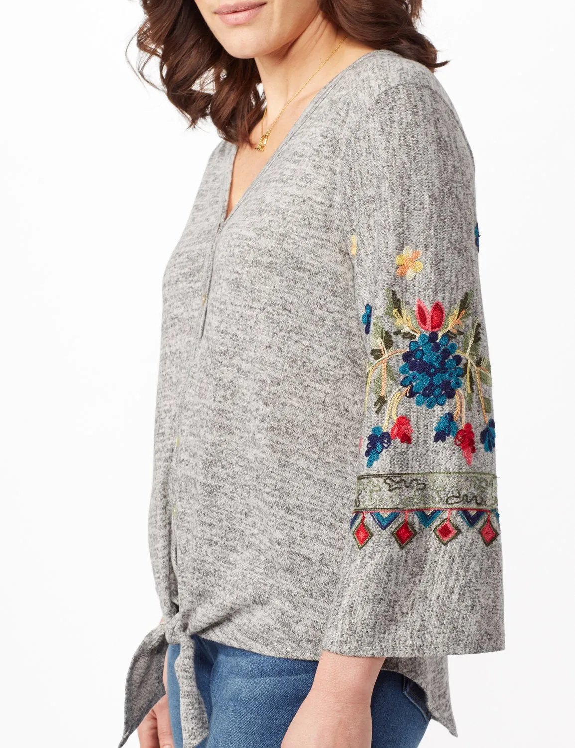 Embroidered Sleeve Hacci Top with Tie Front