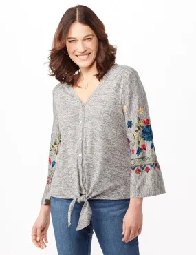 Embroidered Sleeve Hacci Top with Tie Front