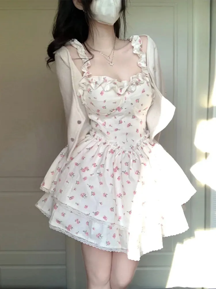 Enchanting French Vintage Floral High-Waisted Mini Dress