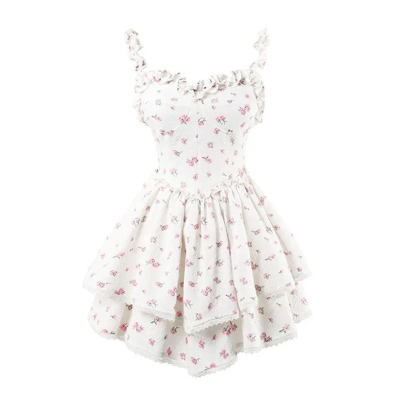 Enchanting French Vintage Floral High-Waisted Mini Dress