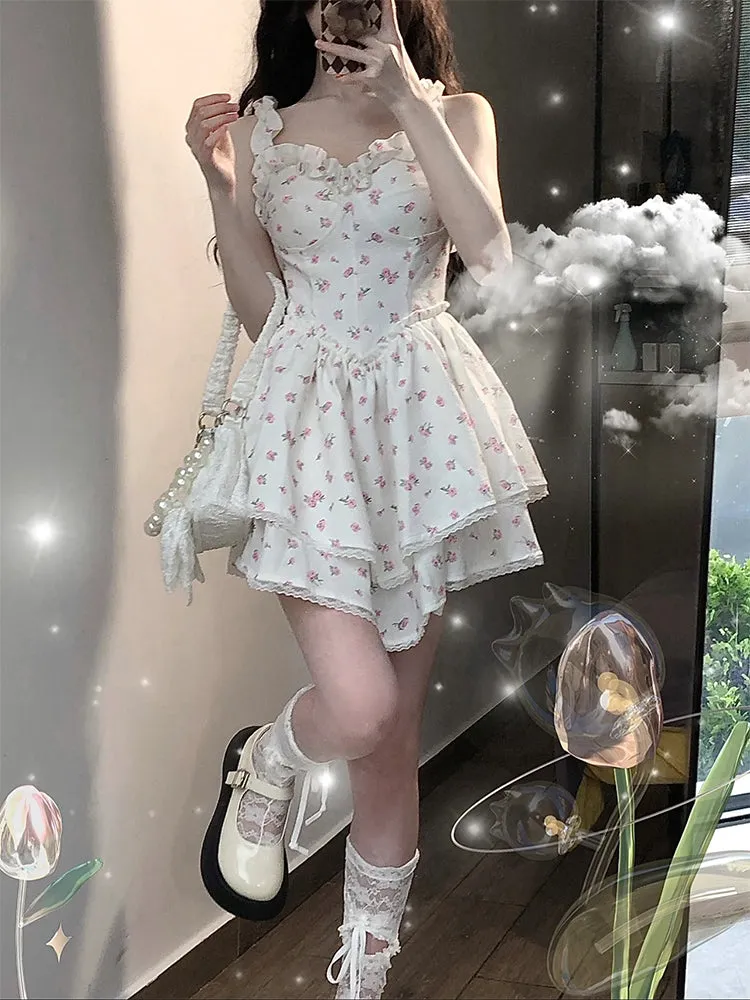 Enchanting French Vintage Floral High-Waisted Mini Dress