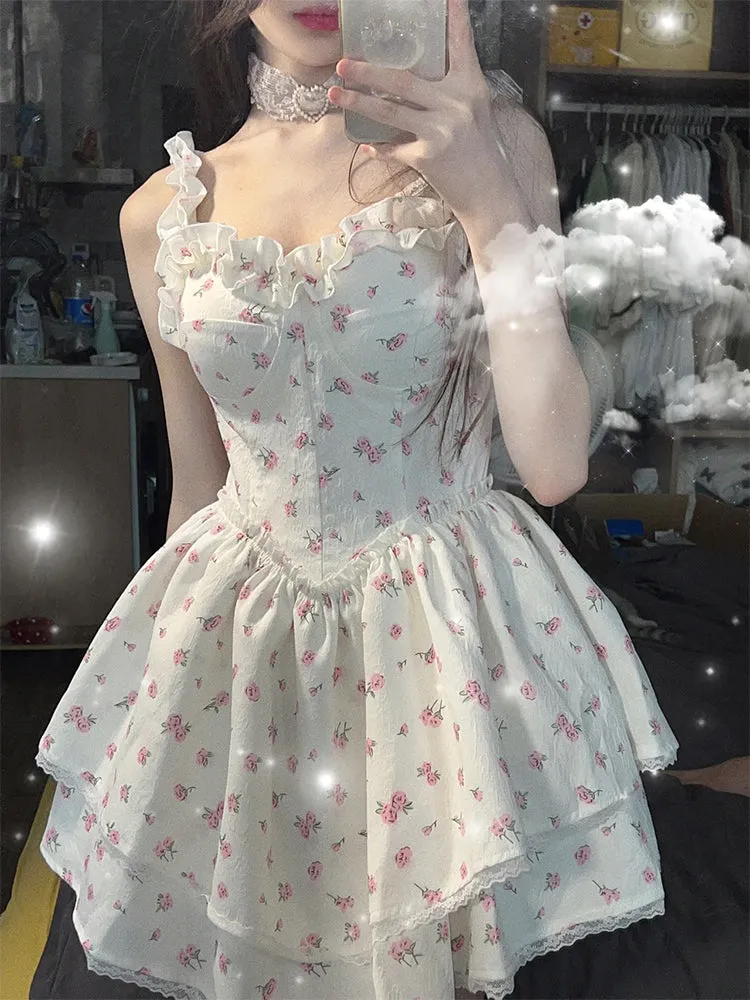 Enchanting French Vintage Floral High-Waisted Mini Dress