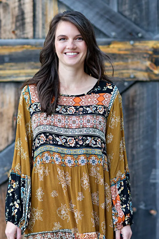 Floral Tiered Crew Neck Dress in Multi-Colored