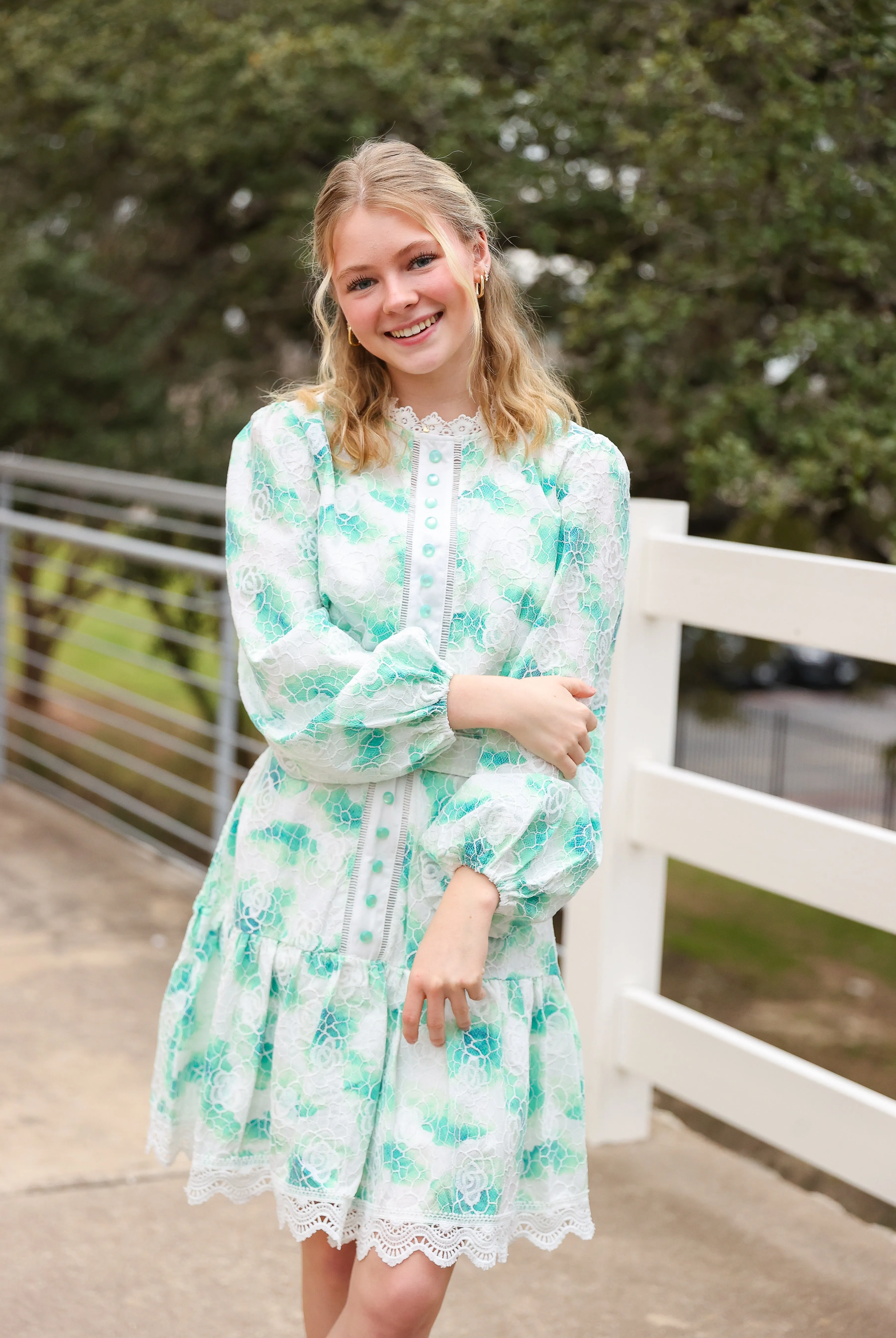 Green & White Floral Lace Dress