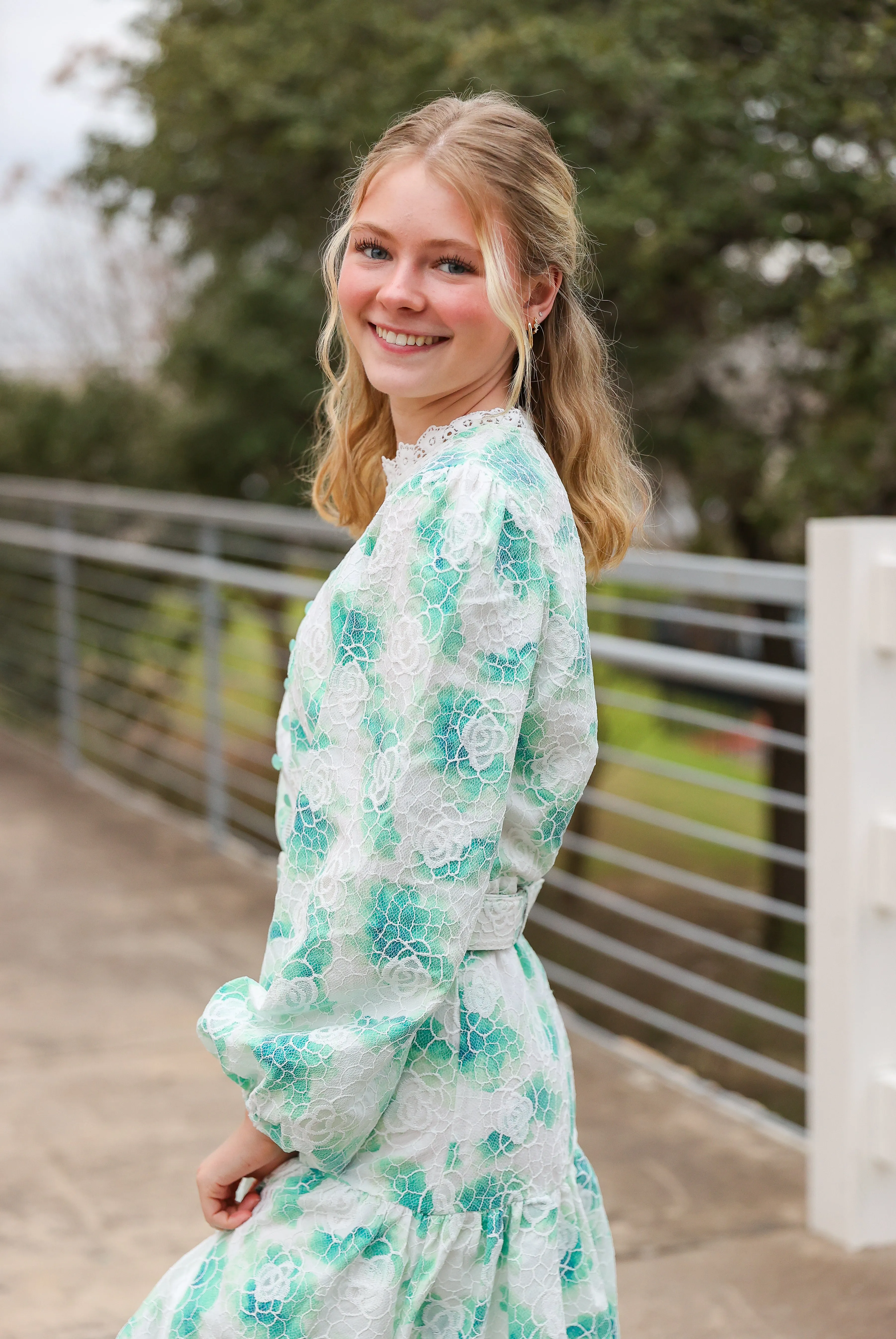 Green & White Floral Lace Dress