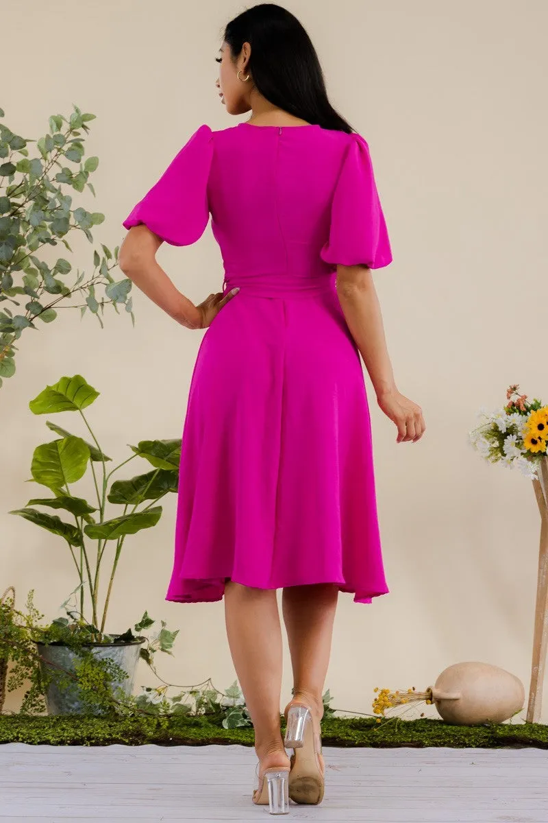 HH680X-SOLID - PRINCESS SLEEVE BELTED MIDI DRESS