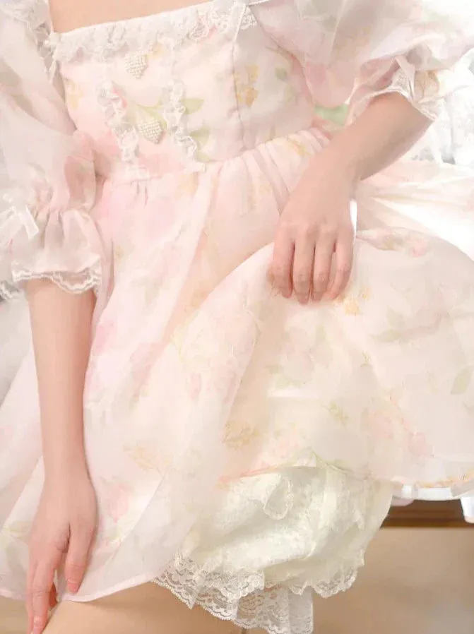 Princess Square Pink Neck Organza Dress